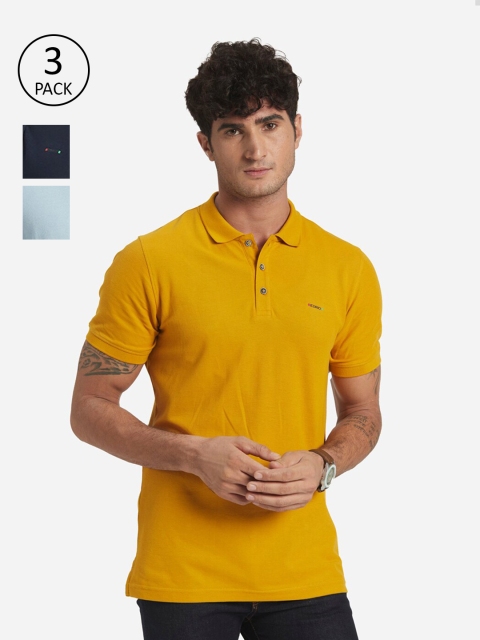 

EDRIO Men Set of 3 Yellow And Blue Polo Collar Pure Cotton T-shirt