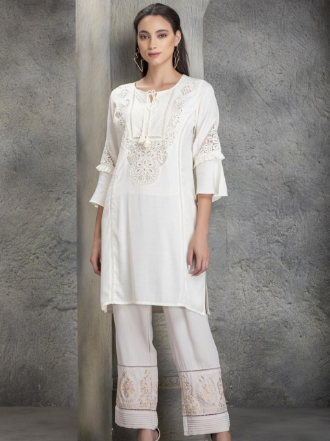 

Lakshita Women White Yoke Design Keyhole Neck Flared Sleeves Kurta