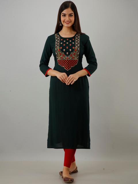 

FASHION DEPTH Women Green & rich black Geometric Yoke Design Flared Sleeves Thread Work Anarkali Kurta