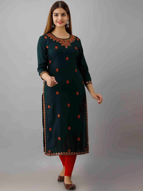 

FASHION DEPTH Women Green Geometric Embroidered Flared Sleeves Thread Work Kurta