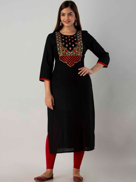 

FASHION DEPTH Women Black Quirky Yoke Design Flared Sleeves Thread Work Kurta