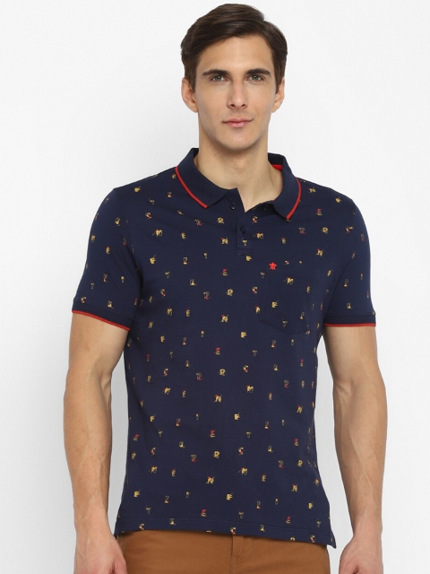

Turtle Men Navy Blue Printed Polo Collar Pure Cotton Slim Fit T-shirt