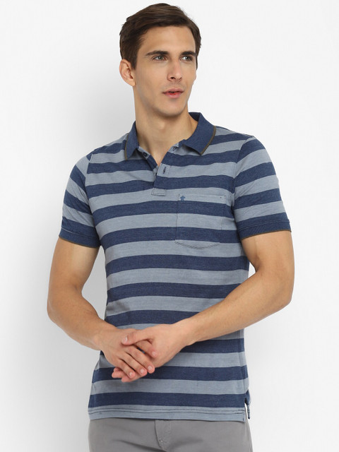 

Turtle Men Navy Blue Striped Polo Collar Pure Cotton Slim Fit T-shirt