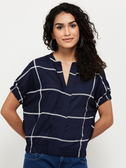 

max Blue Women Checked Cuffed Short Sleeves Top