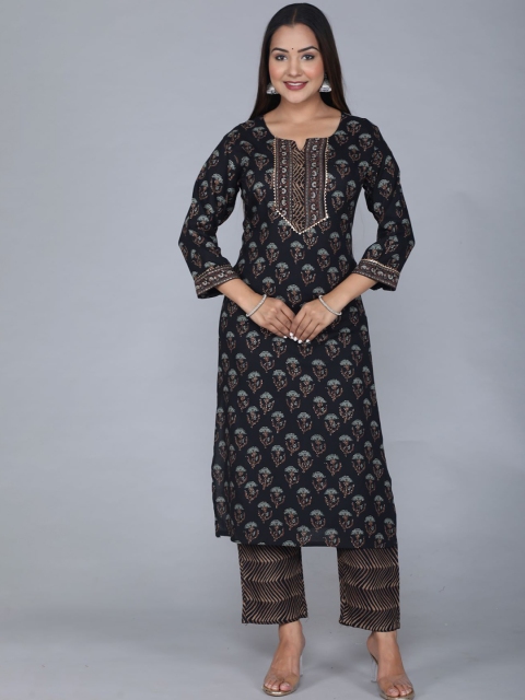 

DHRTI Women Black Floral Printed Gotta Patti Kurta with Trousers & With Dupatta