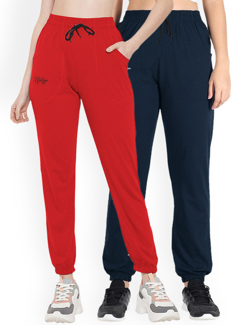 

FFLIRTYGO Women Red & Blue Pack Of 2 Solid Cotton Joggers, Navy blue
