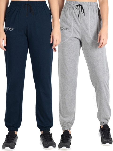 

FFLIRTYGO Women Blue & Grey Pack Of 2 Solid Cotton Joggers, Navy blue