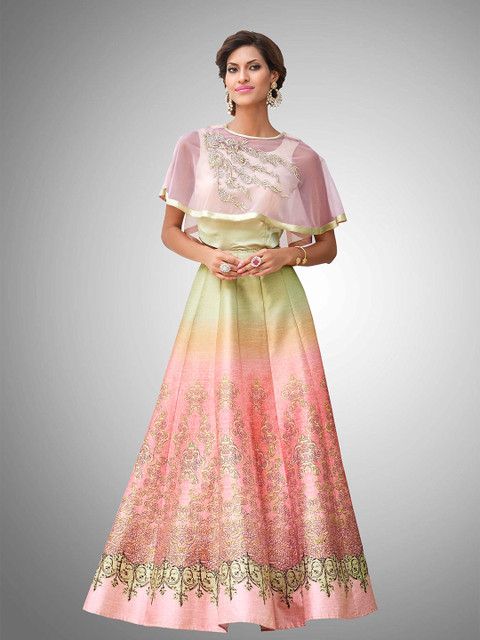 

SAPTRANGI Pink & Gold-Toned Embroidered Semi-Stitched Lehenga & Blouse With Dupatta