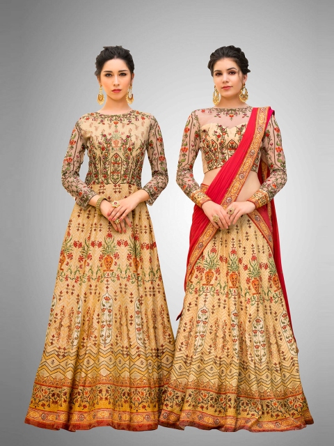 

SAPTRANGI Cream-Coloured & Gold-Toned Embroidered Thread Work Semi-Stitched Lehenga & Unstitched Blouse With