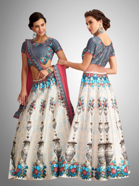 

SAPTRANGI Grey & Cream-Coloured Embroidered Semi-Stitched Lehenga & Unstitched Blouse With Dupatta