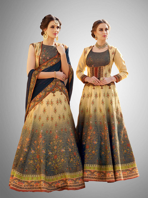 

SAPTRANGI Women Grey & Beige Semi-Stitched Lehenga & Unstitched Blouse With Dupatta