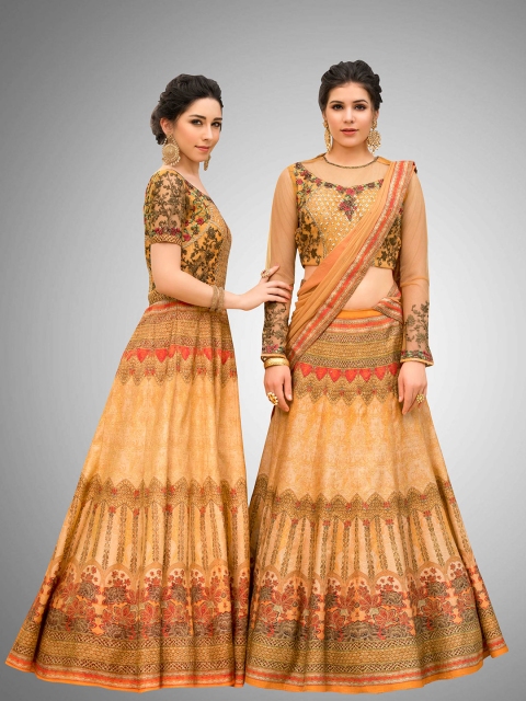 

SAPTRANGI Orange & Green Embroidered Thread Work Semi-Stitched Lehenga & Unstitched Blouse With Dupatta