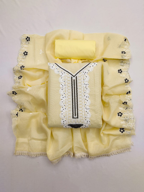 

Suktam Trendz Women Yellow & White Embroidered Jute Cotton Unstitched Dress Material