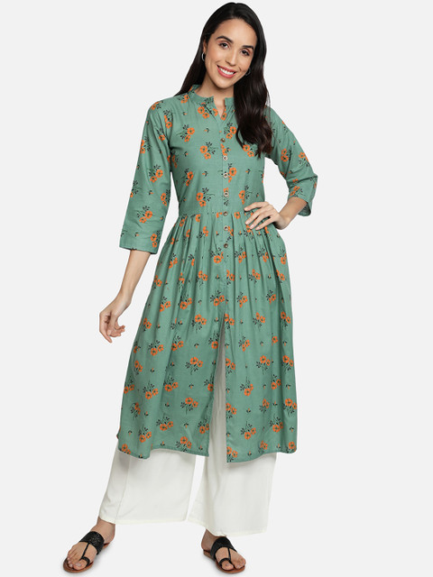 

Fabclub Women Sea Green & Orange Floral Printed Anarkali Kurta