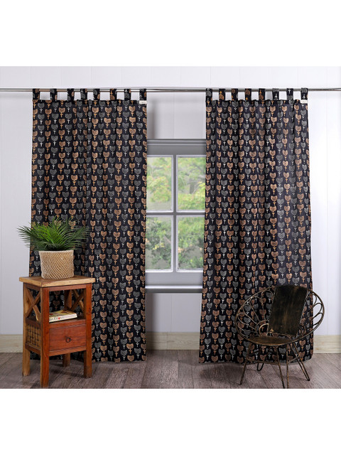 

HANDICRAFT PALACE Black & Beige Set of 2 Floral Sheer Door Curtain