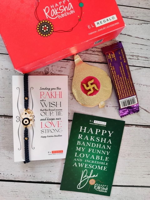 

EL REGALO Bracelet Rakhi Combo for Bhaiya With Roli Chawal Shagun and Greeting Card, Gold