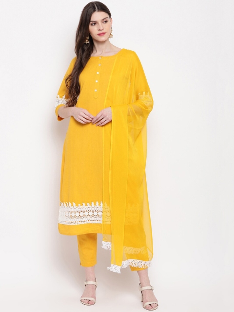 

Janasya Women Mustard Yellow Kurta with Trousers & With Dupatta