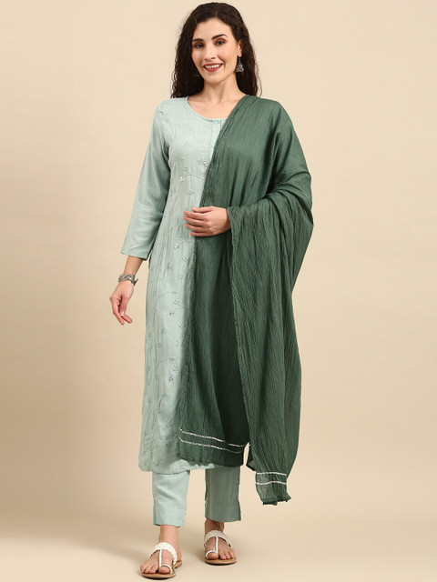 

Janasya Women Green Ethnic Motifs Embroidered Empire Mirror Work Kurta with Trousers & With Dupatta