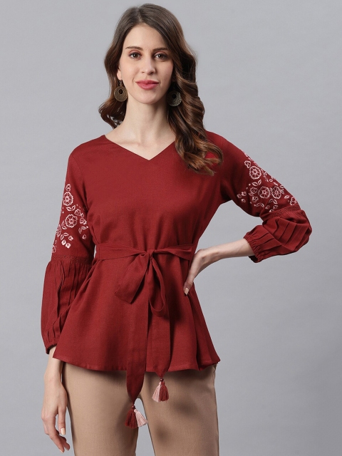 

Janasya Maroon Cinched Waist Top