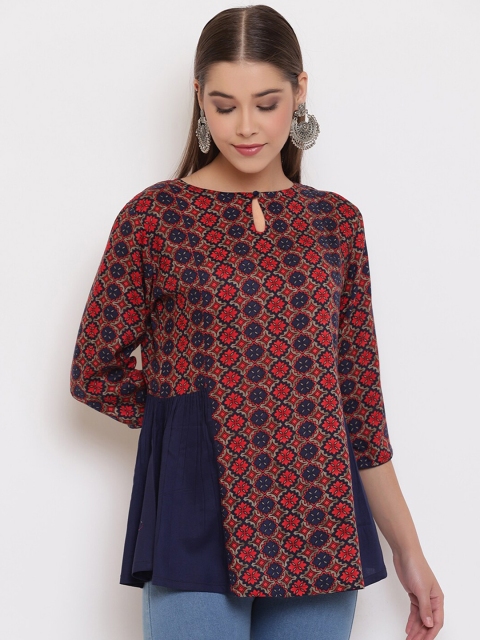 

Janasya Blue Print Tie-Up Neck Top