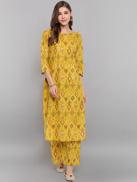 

Janasya Women Yellow Printed Pure Cotton Kurta with Palazzos