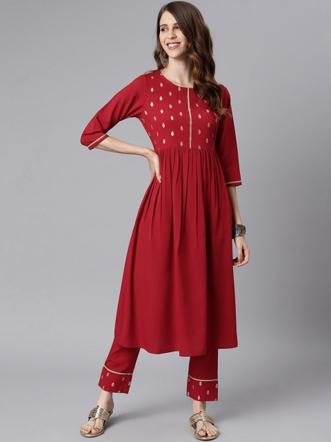 

Janasya Women Maroon Ethnic Motifs Yoke Design Pleated Kurta with Trousers