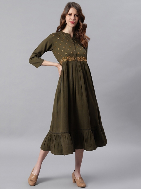 

Janasya Olive Green Ethnic Motifs A-Line Midi Dress