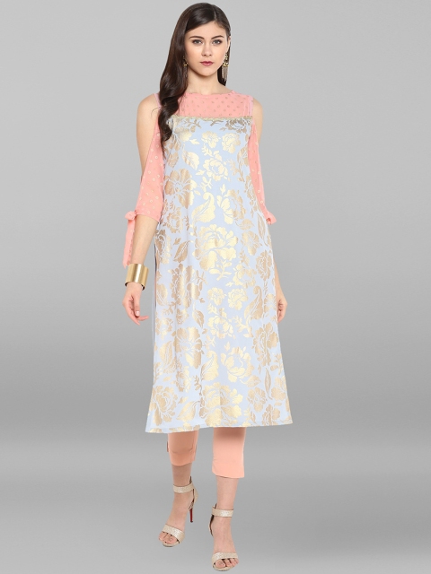 

Janasya Women Grey Printed Pleated Kurta with Trousers