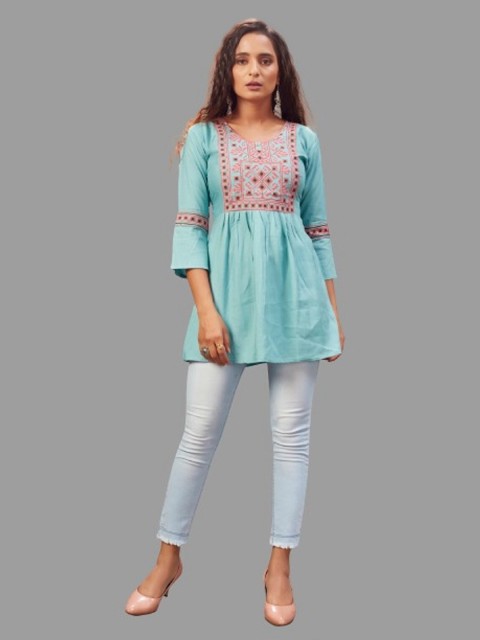 

TORONFRAS Women Turquoise Blue Embroidered Tunic