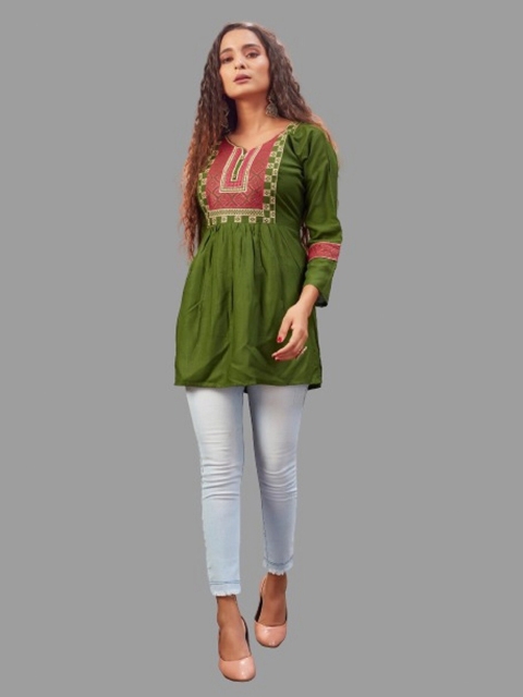 TORONFRAS Women Olive Green & Red Embroidered Thread Work Kurti