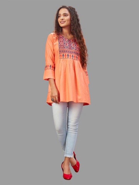 

TORONFRAS Orange Embroidered Thread Work Thread Work Pleated Anarkali Kurti