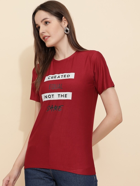 

J Turritopsis Women Maroon & crimson Typography Printed Applique T-shirt