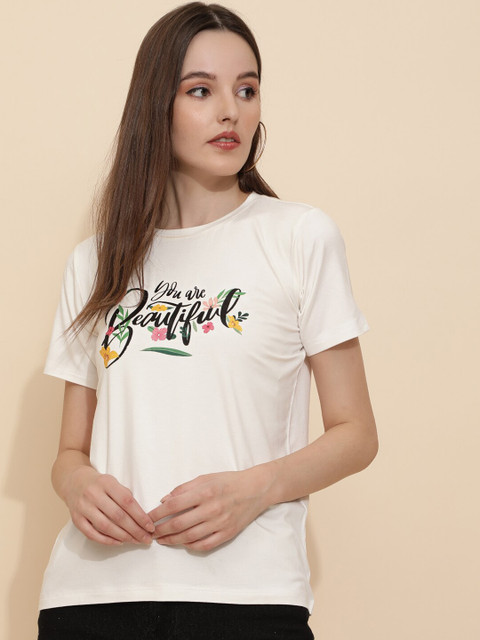 

J Turritopsis Women White & bridal blush Typography Printed Drop-Shoulder Sleeves Applique T-shirt