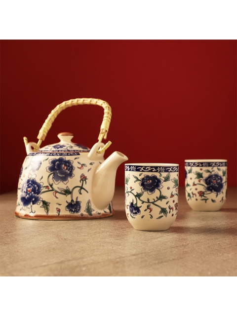 

The Decor Mart White & Green Floral Printed Ceramic Glossy Kettle Set of Cups and Mugs
