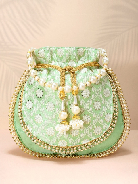 

Peora Sea Green & White Embellished Embroidered Potli Clutch