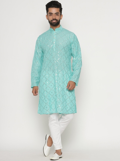

Firangi Yarn Men Turquoise Blue Thread Work Quirky Kurta