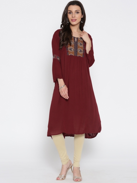 

Rangriti Women Maroon Solid A-Line Kurta
