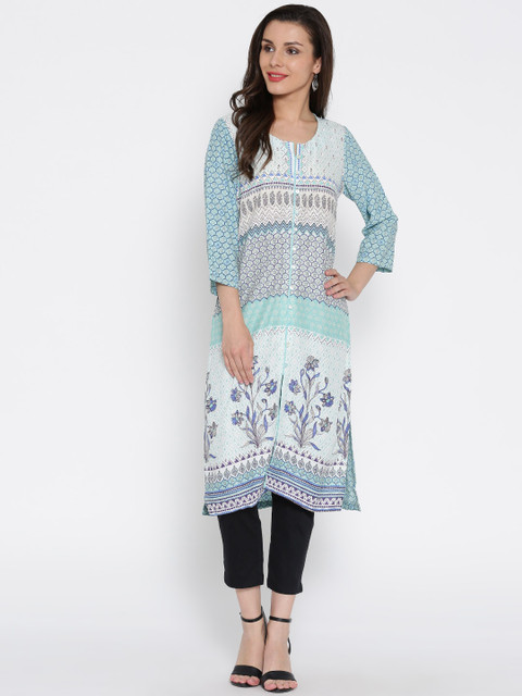

Rangriti Women Blue & White Printed Straight Kurta