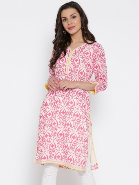 

Rangriti Women White & Pink Printed Straight Kurta