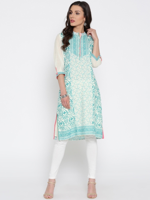 

Rangriti Women White & Sea Green Printed Straight Kurta