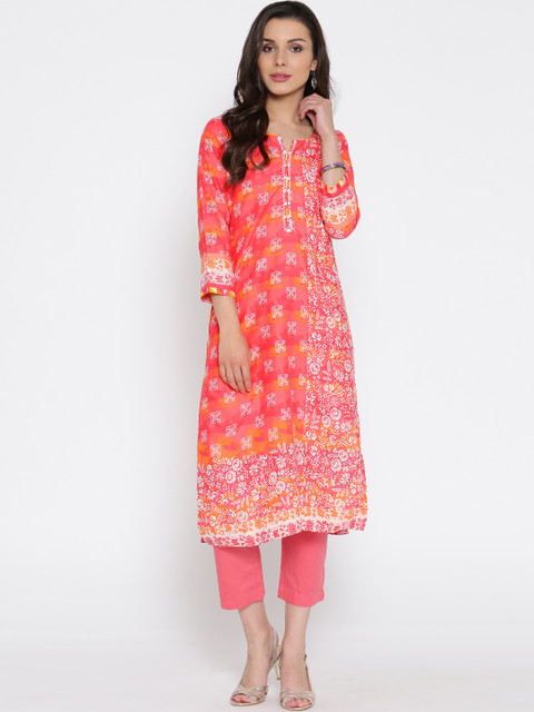 

Rangriti Women Pink & White Printed Straight Kurta