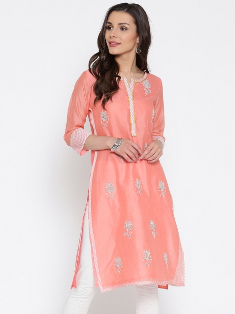 

Rangriti Women Peach-Coloured Embroidered Straight Kurta