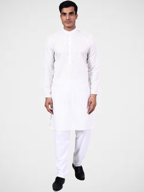 

TAHVO Men White Self Design Kurta With Pyjama