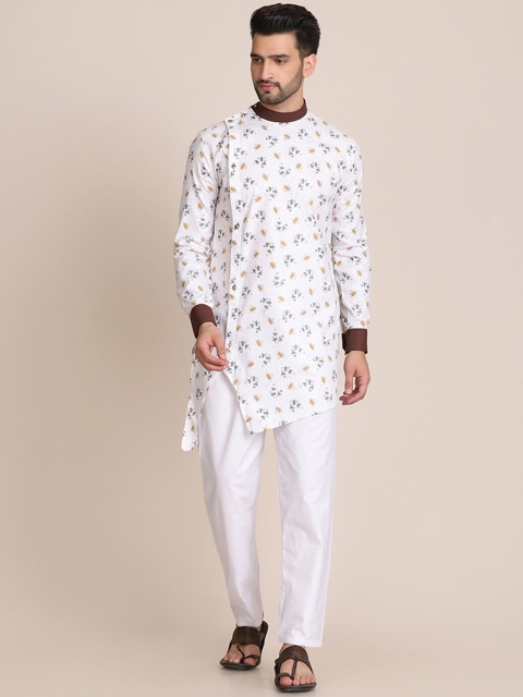 

TAHVO Men White Floral Printed Angrakha Kurta with Pyjamas