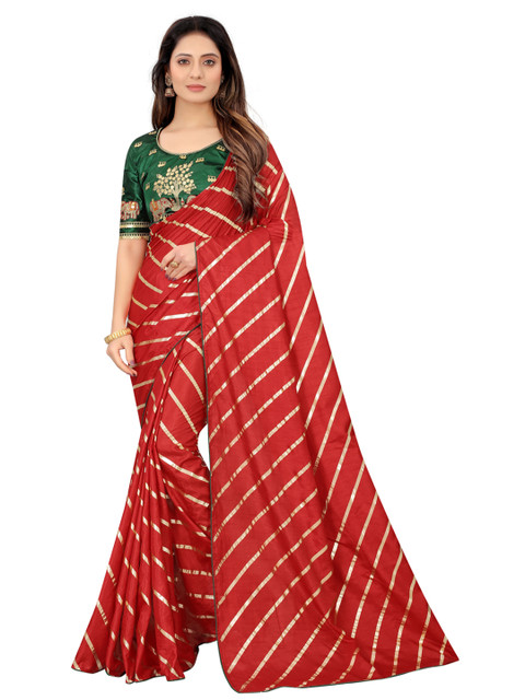 

Xenilla Red & Gold-Toned Leheriya Silk Blend Saree