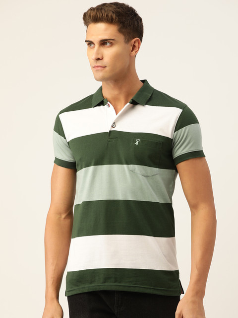 

PORTBLAIR Men Olive Green & White Striped Polo Collar Slim Fit T-shirt