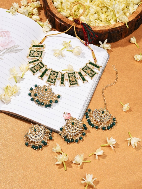 

SOHI Gold-Plated Green & White Stone-Studded & Beaded Jewellery Set