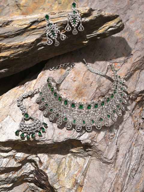 

SOHI Silver-Plated White & Green Stone-Studded Jewellery Set