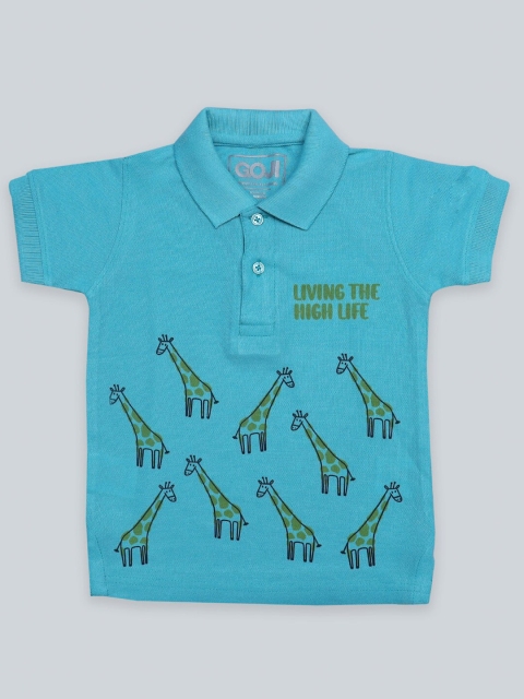 

GOJI Boys Sea Green Typography Printed Polo Collar Applique T-shirt