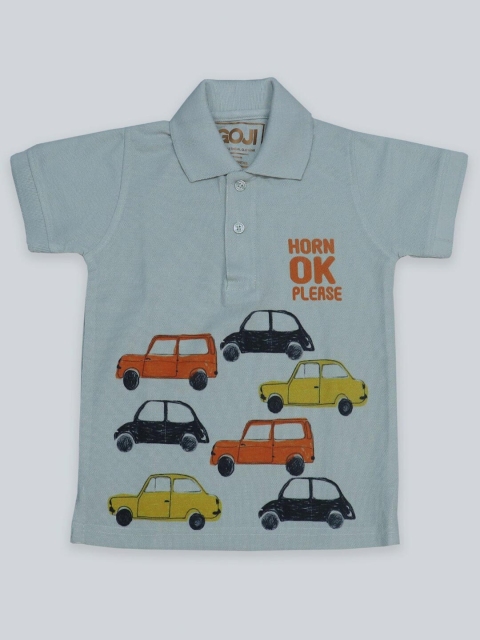 

GOJI Boys Sea Green Printed Polo Collar Applique T-shirt